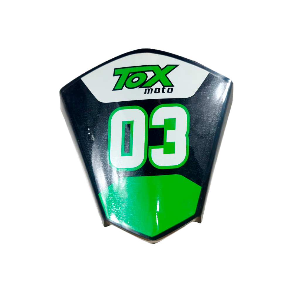 Placa/Porta Numero (dianteira) - Tox VR 50 (QD03 / E-QD03L / QD07 /QD06) mini-ATV 49 (c/ autocolante verde)